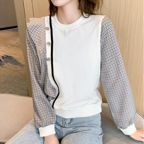 [나바바] NT417 캐주얼 프릴 체크 버튼 포인트 티셔츠