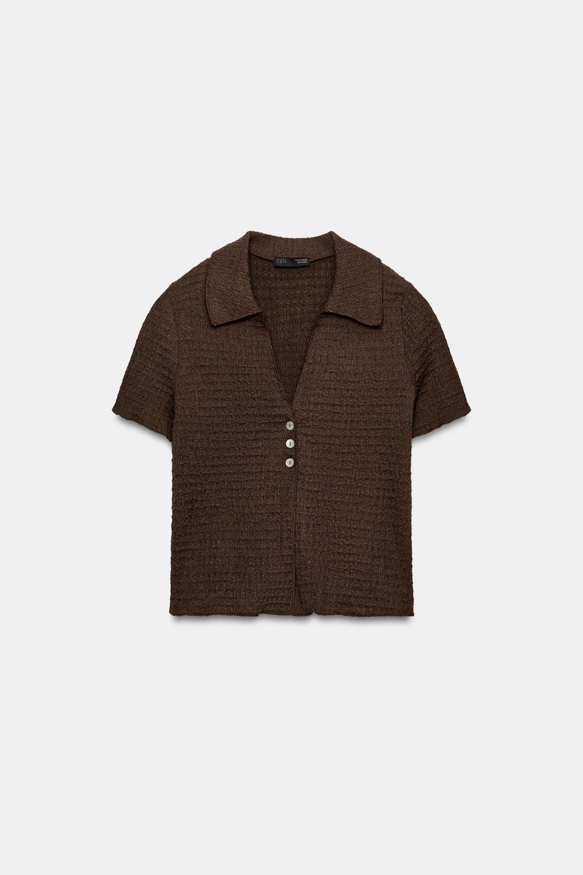 스페인샵 자라 텍스처 크롭 브이넥 반팔 재킷 5039/395/716 DARK BROWN
