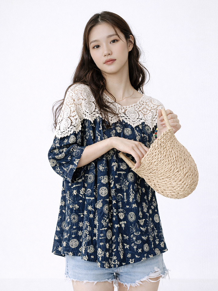 [에스페이지플린]하프 레이스 나염 블라우스_S5BBL010C