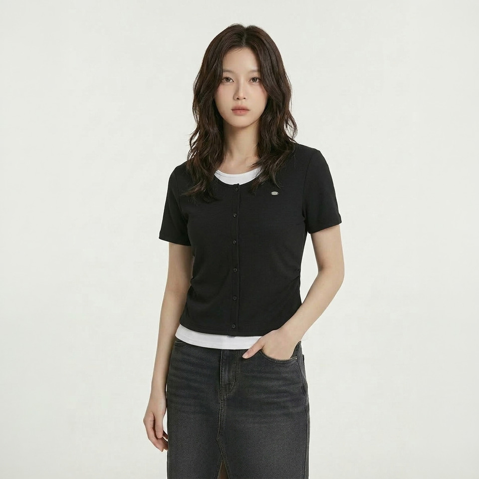 [온라인전용]여성 슬림핏 웨일 가디건 레이어드 반팔 티셔츠_100(10570-131-498-69)