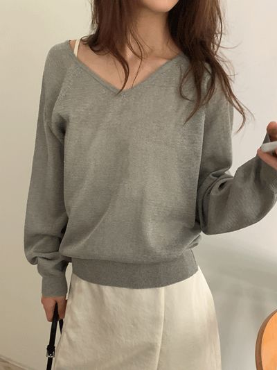 NAENI ナイニ オーカーブ リネン Vネック 夏用 長袖ニット 画像 1