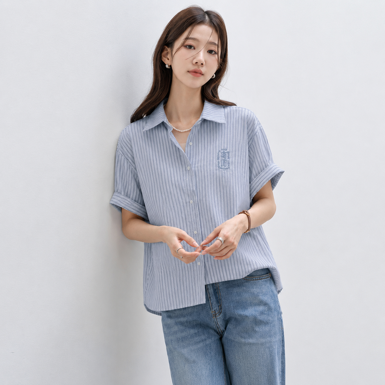 [키첼] [포스티 단독가] 제티오 스트라이프 자수 반팔 셔츠